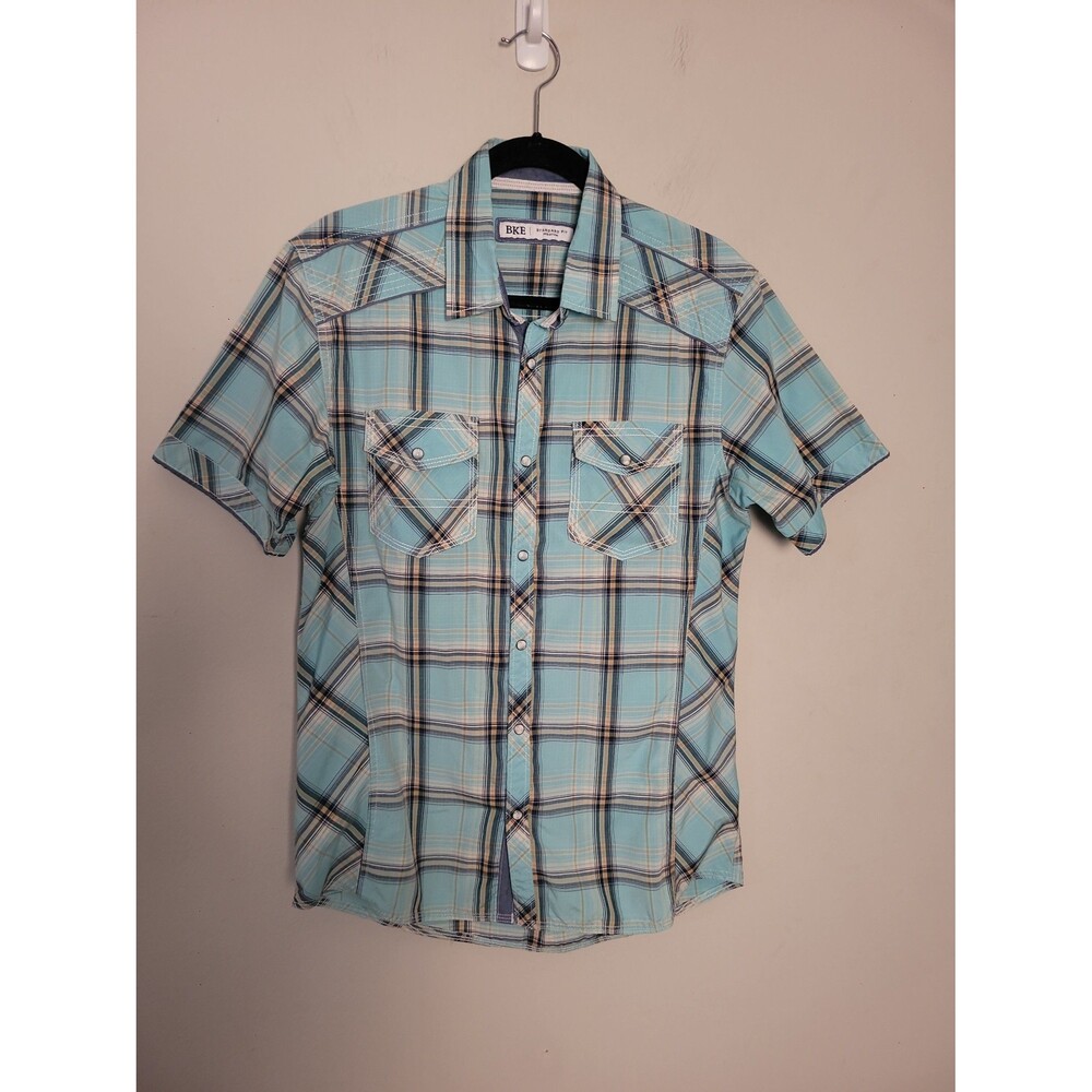 BKE Blue Plaid Cotton Snap Button SS Shirt Sz M Rodeo Cowboy Western